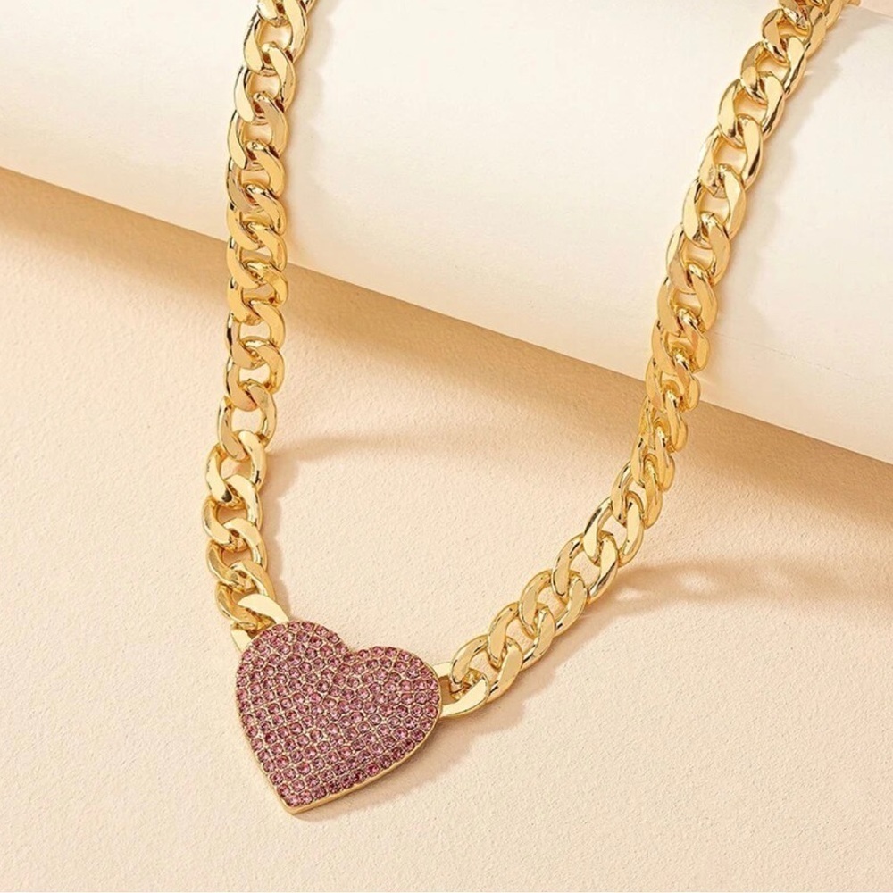 18K Gold Chunky Chain Choker Necklace With Pave Red Natural Zircon Center Heart - Picture 2 of 4